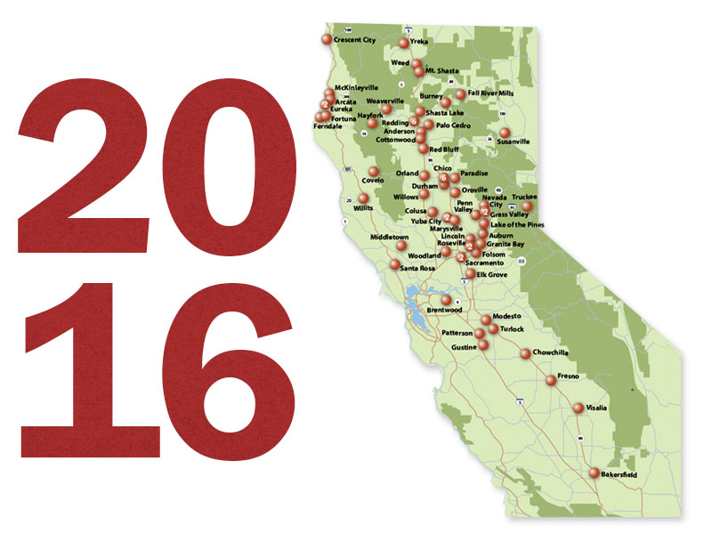 A map of California showing pins on all the locations served in 2016